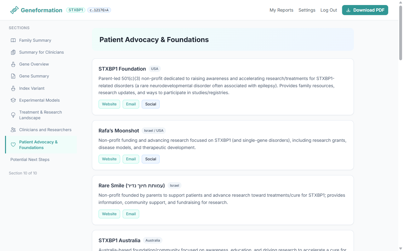 Patient Advocacy & Foundations section showing organizations worldwide with website, email, and social links