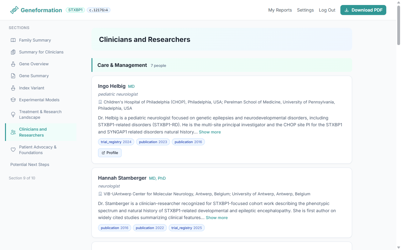 Clinicians & Researchers section showing researcher profiles with publications and affiliations