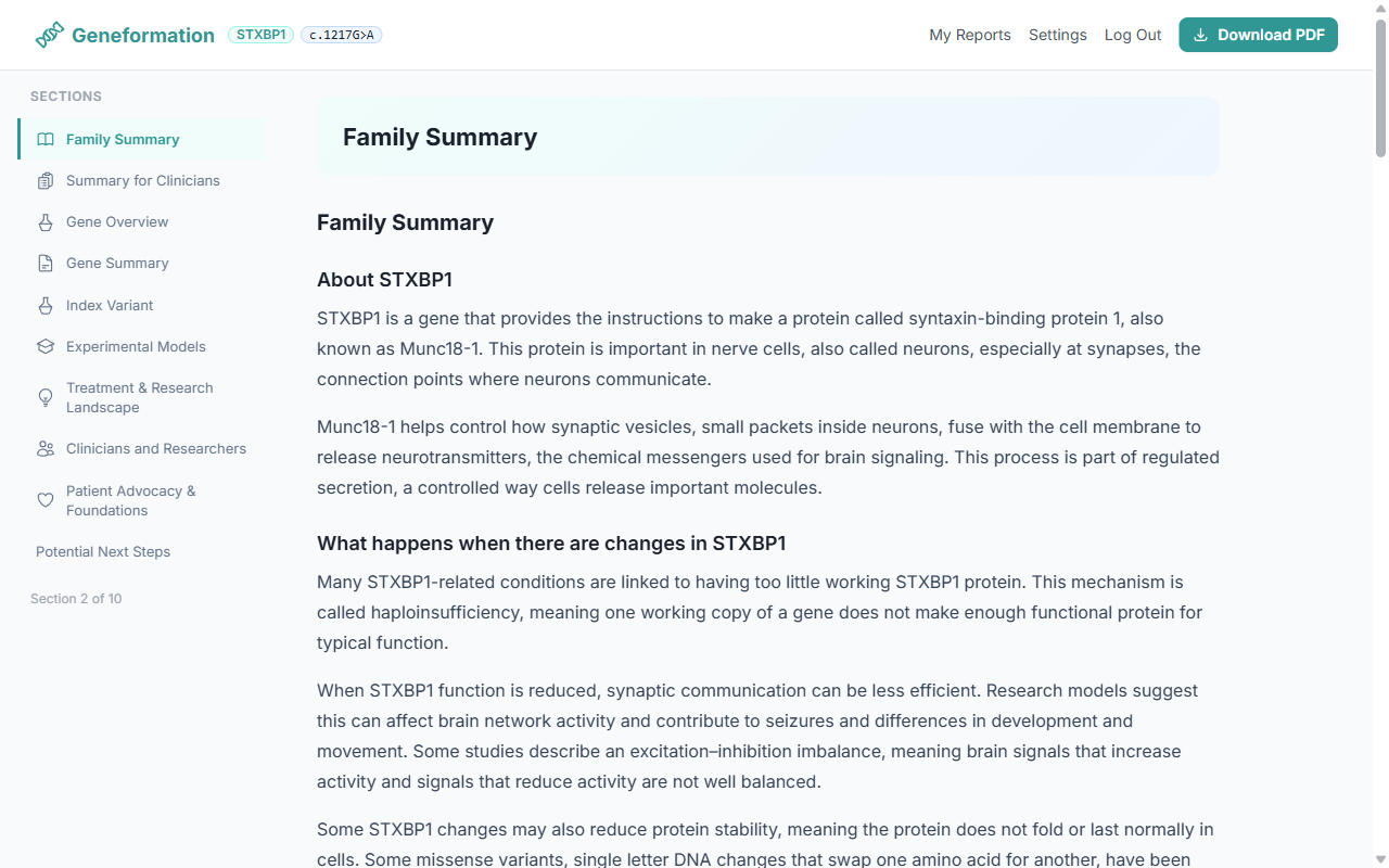 Geneformation online report dashboard showing the Family Summary section with sidebar navigation